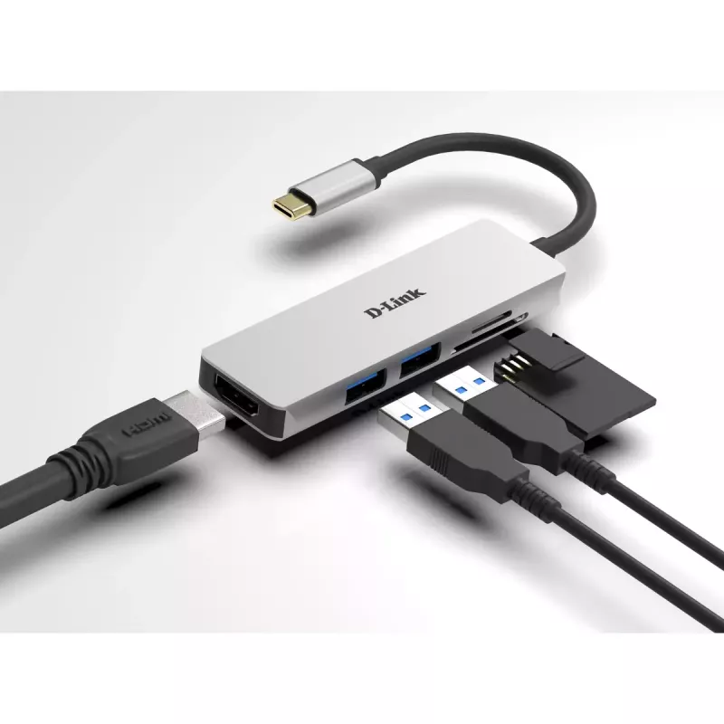 D-Link 5-in-1 USB-C-keskitin HDMI:llä ja SD/microSD-kortinlukijalla