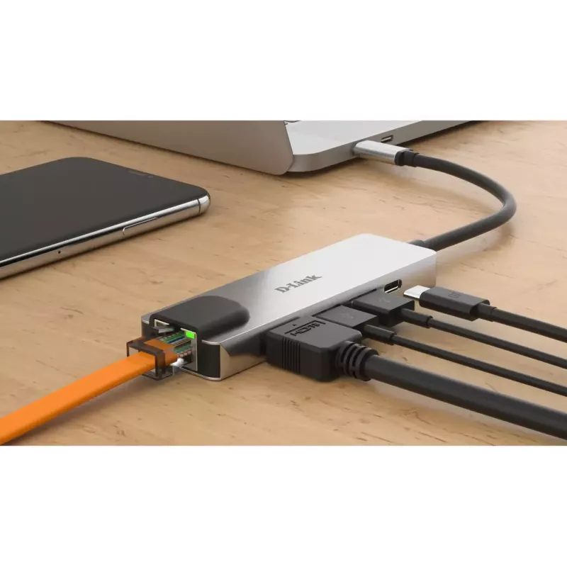 D-Link 5-in-1 USB-C-keskitin HDMI/Ethernetillä ja Power Delivery -toiminnolla