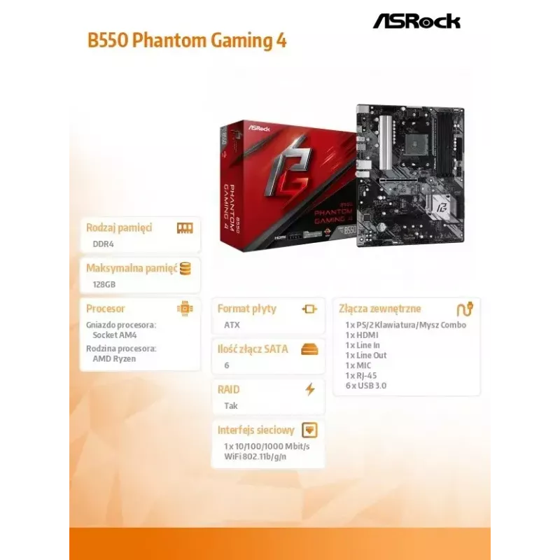 ASRock B550 Phantom Gaming 4 AMD B550 kanta AM4 ATX