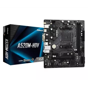 ASRock emolevy A520M-HDV AM4 AMD A520 2 x DDR4 USB 3.2 SATA 3 7.1ch HD Audio mATX