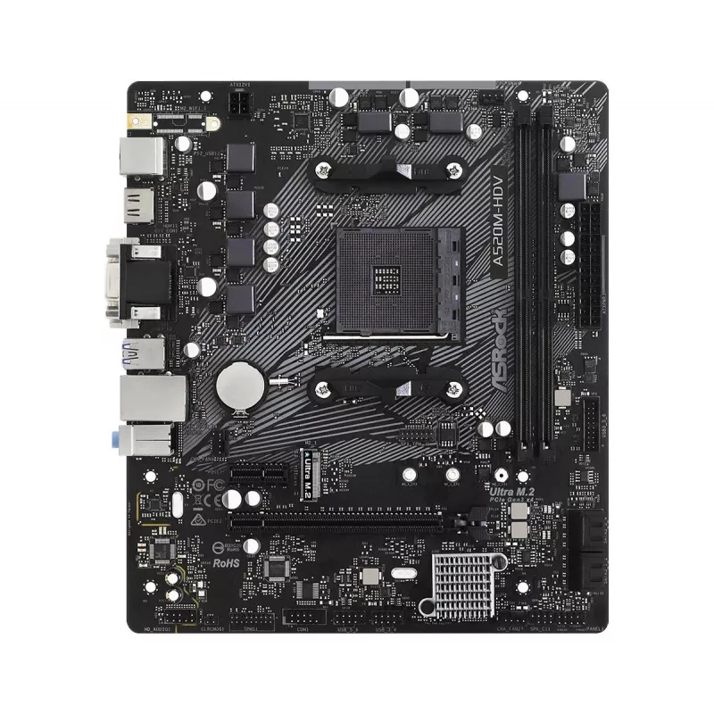 ASRock emolevy A520M-HDV AM4 AMD A520 2 x DDR4 USB 3.2 SATA 3 7.1ch HD Audio mATX