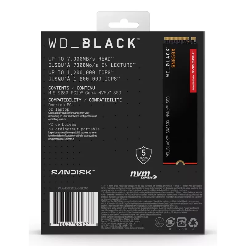 WESTERN DIGITAL SSD - WD_BLACK SN850X - 4TB - Pci-e Gen4 x4 - M.2 2280