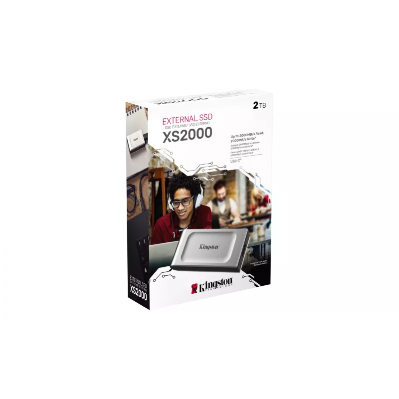 Kingston Technology 2000G kannettava SSD XS2000, 2 TB, USB Type-C, 3.2 Gen 2 (3.1 Gen 2), 2000 MB/s, musta, hopea