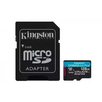 Kingston Technology 128 GB microSDXC Canvas Go Plus Gen4 200 MB/s A2 U3 V30 -kortti + adapteri