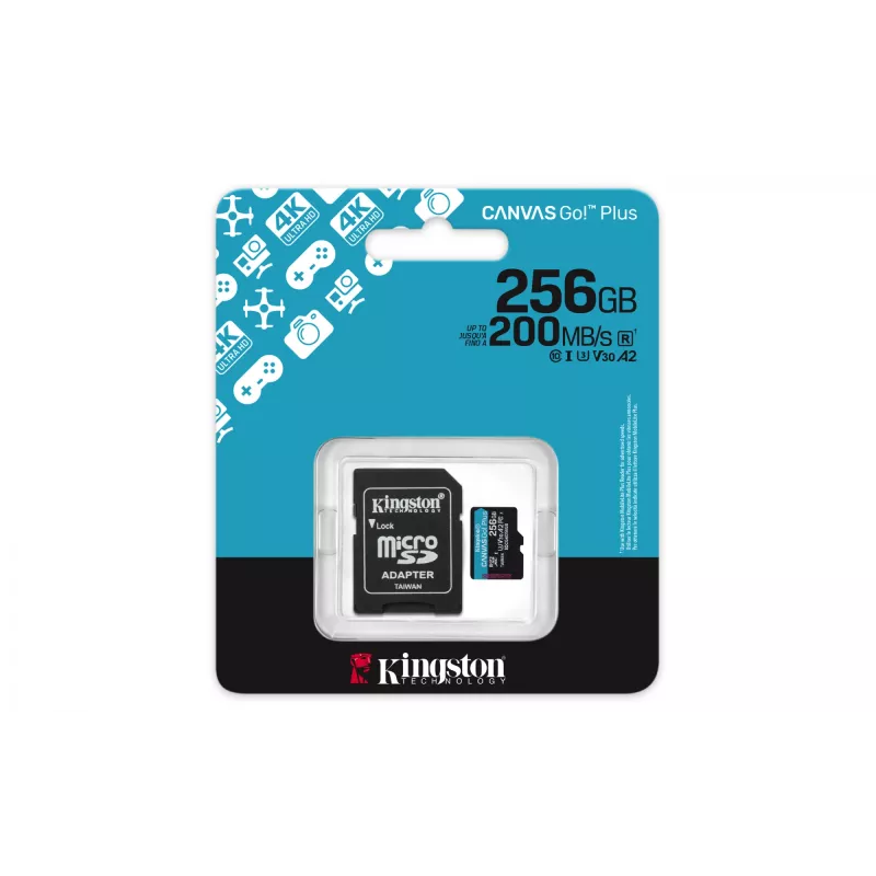 Kingston Technology 256GB microSDXC Canvas Go Plus Gen4 200MB/s A2 U3 V30 -kortti + adapteri