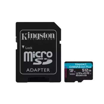 Kingston Technology 512GB microSDXC Canvas Go Plus Gen4 200MB/s A2 U3 V30 -kortti + adapteri