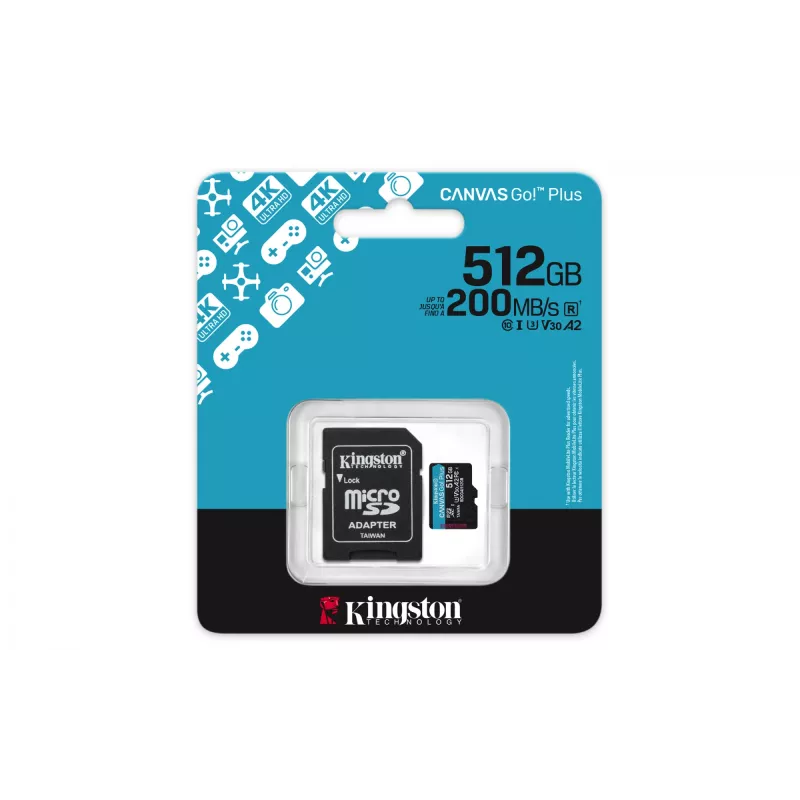 Kingston Technology 512GB microSDXC Canvas Go Plus Gen4 200MB/s A2 U3 V30 -kortti + adapteri