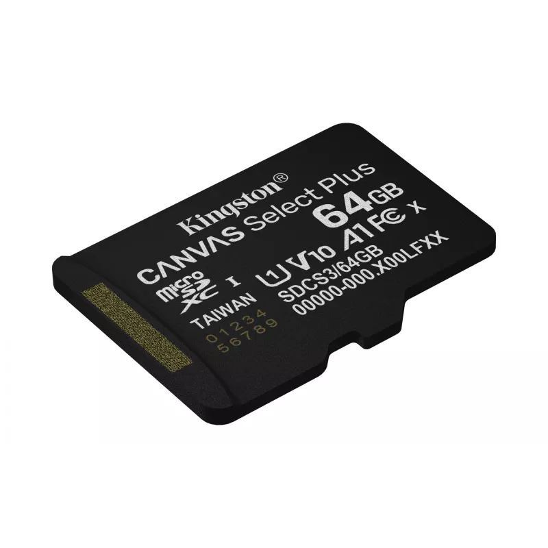 Kingston Technology 64GB microSDXC Canvas Select Plus Gen3 100MB/s A1 -kortti + adapteri
