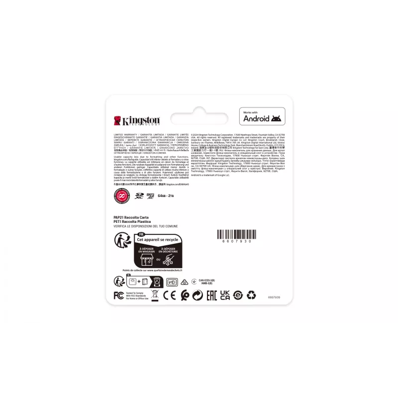 Kingston Technology 64GB microSDXC Canvas Select Plus Gen3 100MB/s A1 -kortti + adapteri