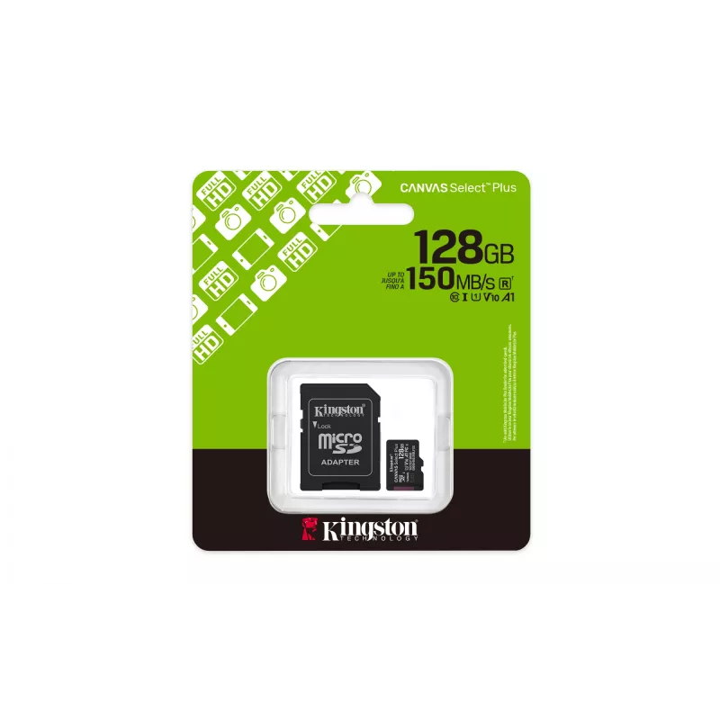 Kingston Technology 128GB microSDXC Canvas Select Plus Gen3 150MB/s A1 -kortti + adapteri