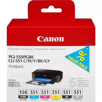 Canon PGI-550/CLI-551 PGBK/C/M/Y/BK/GY 6 mustesuutinpatruunan monipakkaus