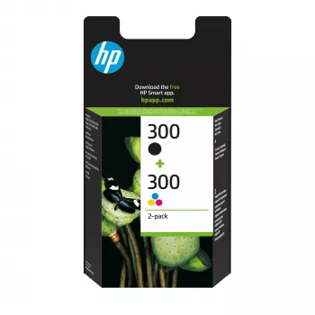 HP 300 2 kpl:n pakkaus musta/kolmivärinen alkuperäiset värikasetit, musta, syaani, magenta, keltainen, pigmenttimuste, väriainemuste, 2 kpl, 200 sivua, 165 sivua