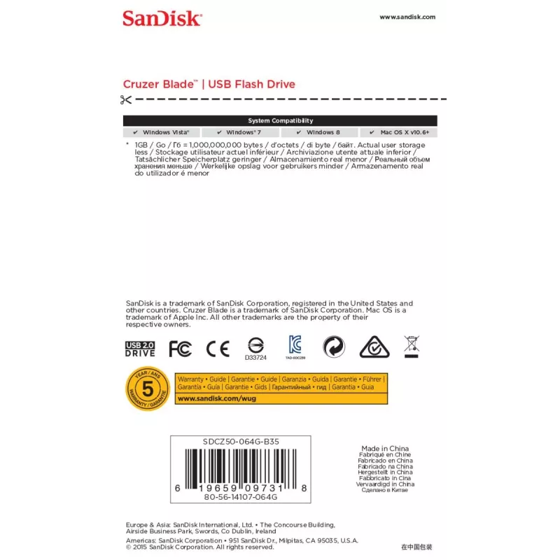 USB-muistitikku SanDisk 64 GB USB Type-A 2.0 Cruzer Blade