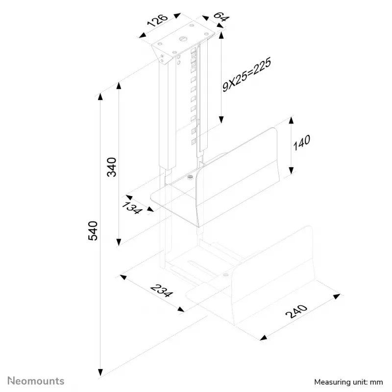 Neomounts CPU-D200BLACK CPU-teline - max. 30 kg - yleismallinen, pöytään kiinnitettävä CPU-teline, 30 kg, musta, teräs, Taiwan, 230 mm