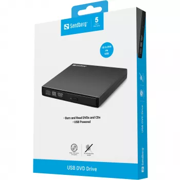 Sandberg USB-DVD-asema, musta, pöytäkone/kannettava, DVD Super Multi, USB 2.0, CD-R, CD-ROM, CD-RW, DVD-R, DVD-ROM, DVD-RW, 24x