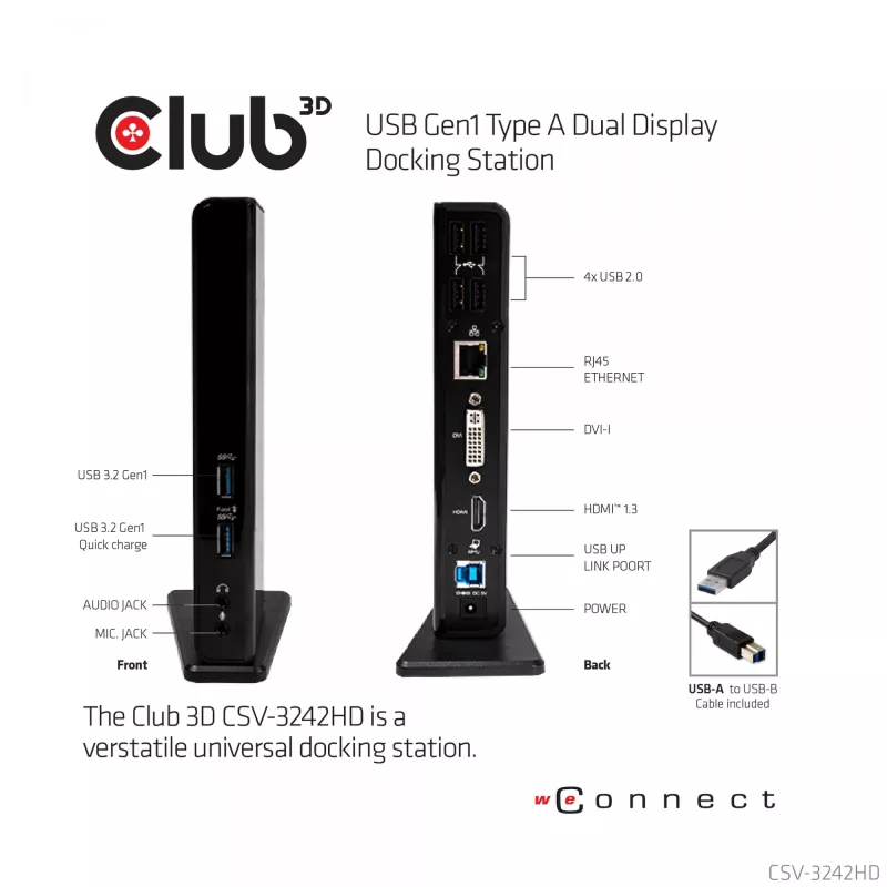 CLUB3D USB Gen1 Type-A Dual Display (HDMI ja DVI) DisplayLink™ -telakointiasema