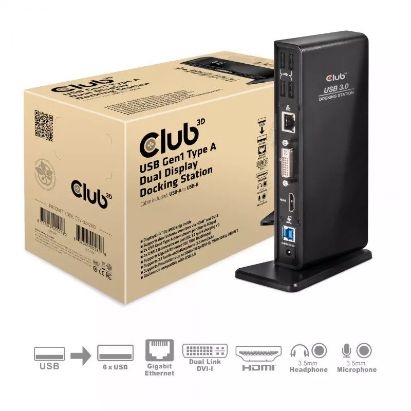CLUB3D USB Gen1 Type-A Dual Display (HDMI ja DVI) DisplayLink™ -telakointiasema