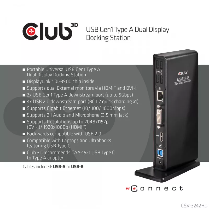 CLUB3D USB Gen1 Type-A Dual Display (HDMI ja DVI) DisplayLink™ -telakointiasema