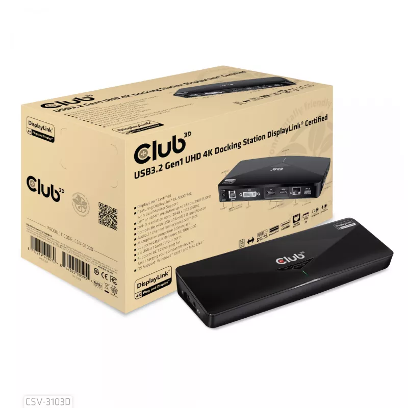 CLUB3D CSV-3103D The Club 3D universaali USB 3.1 Gen 1 UHD 4K -telakointiasema DisplayLink™