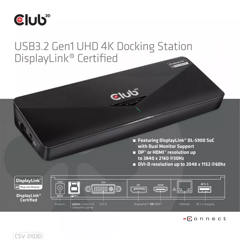 CLUB3D CSV-3103D The Club 3D universaali USB 3.1 Gen 1 UHD 4K -telakointiasema DisplayLink™