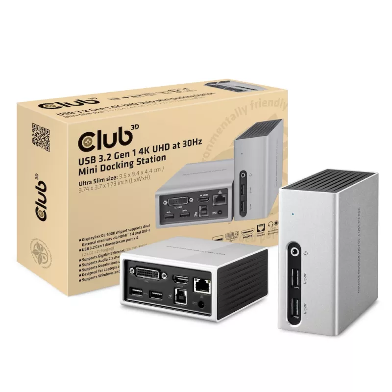 CLUB3D USB 3.2 Gen 1 4K UHD 30Hz Mini-telakointiasema ultrahohut muotoilu