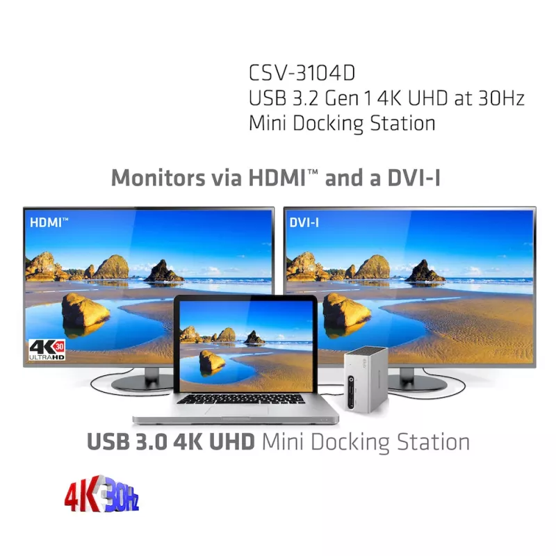 CLUB3D USB 3.2 Gen 1 4K UHD 30Hz Mini-telakointiasema ultrahohut muotoilu