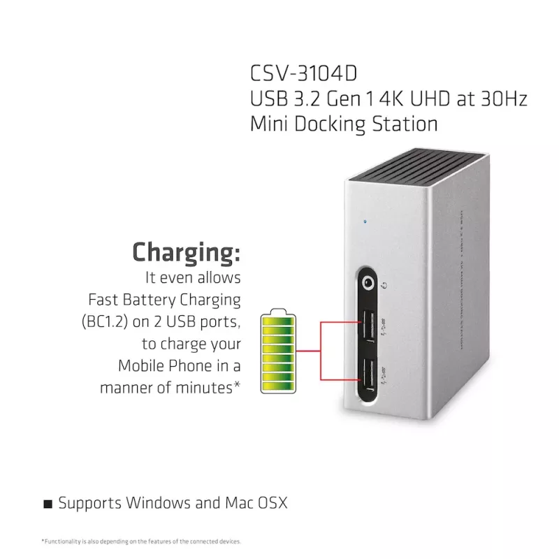 CLUB3D USB 3.2 Gen 1 4K UHD 30Hz Mini-telakointiasema ultrahohut muotoilu