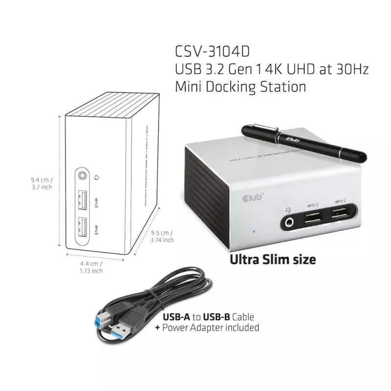 CLUB3D USB 3.2 Gen 1 4K UHD 30Hz Mini-telakointiasema ultrahohut muotoilu