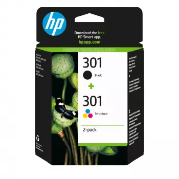 HP 301 2 kpl:n pakkaus musta/kolmivärinen alkuperäiset mustekasetit, musta, syaani, magenta, keltainen, pigmenttimuste, 2 kpl, 170 sivua