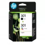 HP 301 2 kpl:n pakkaus musta/kolmivärinen alkuperäiset mustekasetit, musta, syaani, magenta, keltainen, pigmenttimuste, 2 kpl, 170 sivua