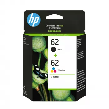 HP 62 2 kpl:n pakkaus alkuperäiset mustekasetit musta/kolmivärinen, musta, syaani, magenta, keltainen, pigmenttipohjainen muste, 2 kpl, 200 sivua
