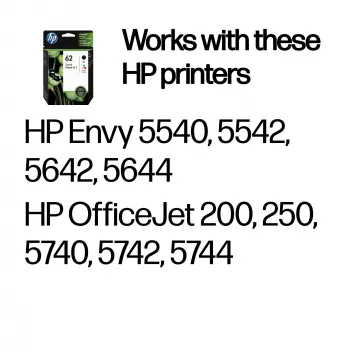 HP 62 2 kpl:n pakkaus alkuperäiset mustekasetit musta/kolmivärinen, musta, syaani, magenta, keltainen, pigmenttipohjainen muste, 2 kpl, 200 sivua