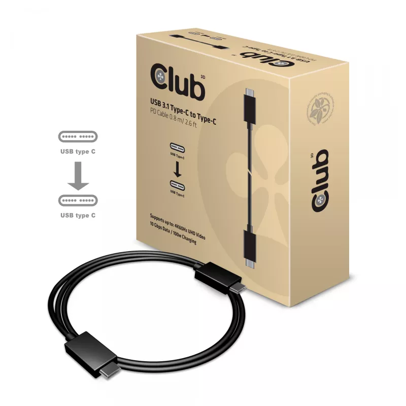 CLUB3D USB Gen2 Type-C Video 4K60Hz, Data 10Gbit/s ja 100W lataus 1 metri M/F