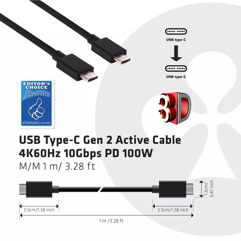 CLUB3D USB Gen2 Type-C Video 4K60Hz, Data 10Gbit/s ja 100W lataus 1 metri M/F