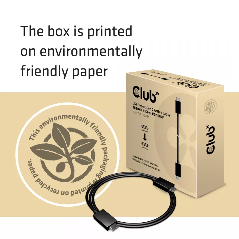 CLUB3D USB Gen2 Type-C Video 4K60Hz, Data 10Gbit/s ja 100W lataus 1 metri M/F