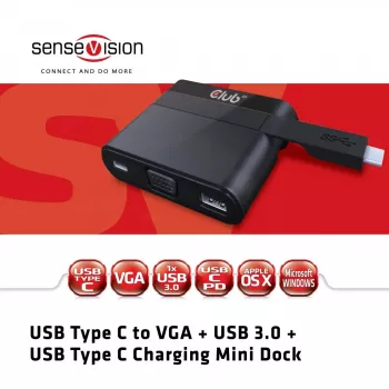 CLUB3D USB Type-C - VGA + USB 3.0 + USB Type-C -lataus minitelakka