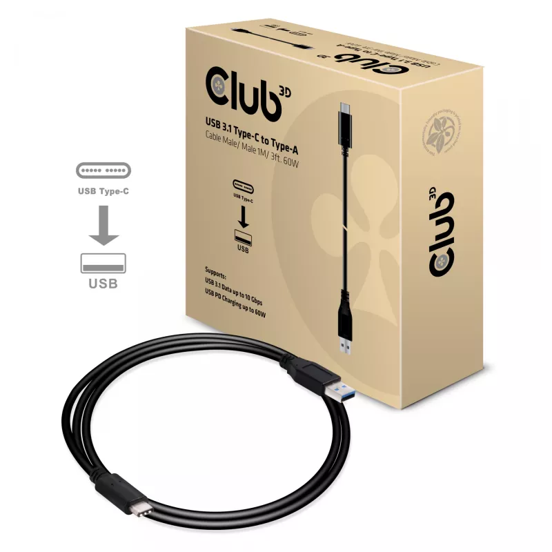 Club 3D CAC-1523 USB-C–USB-A-kaapeli, USB 3.1 Gen 2, 10 Gbps, PD 60 W, uros/uros, 1 m, musta