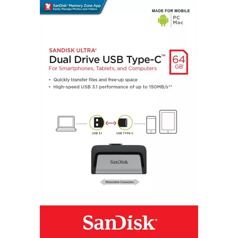 USB-muistitikku SanDisk 64GB USB Type-A USB Type-C Ultra Dual Drive