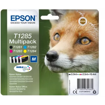 Epson Fox 4 värin multipakkaus T1285 DURABrite Ultra muste, musta, syaani, magenta, keltainen, 5,9 ml, 3,5 ml, 1 kpl, multipakkaus