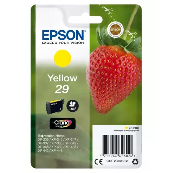 Epson Strawberry yksittäispakkaus keltainen 29 Claria Home -muste, vakiokesto, keltainen, pigmenttimuste, 3,2 ml, 1 kpl, 180 sivua