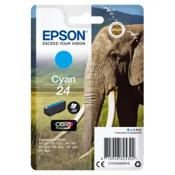 Epson Elephant yksittäispakkaus syaani 24 Claria Photo HD muste, vakiokapasiteetti, syaani, väriainemuste, 4,6 ml, 1 kpl, 360 sivua
