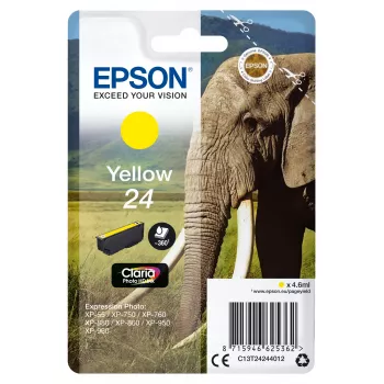 Epson Elephant yksittäispakkaus keltainen 24 Claria Photo HD muste, vakiokapasiteetti, keltainen, pigmenttimuste, 4,6 ml, 1 kpl, 360 sivua