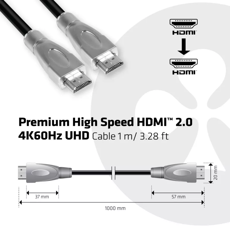 Club 3D CAC-1311 Premium High Speed HDMI 2.0 -kaapeli, 4K60Hz, uros/uros, 1 m, musta