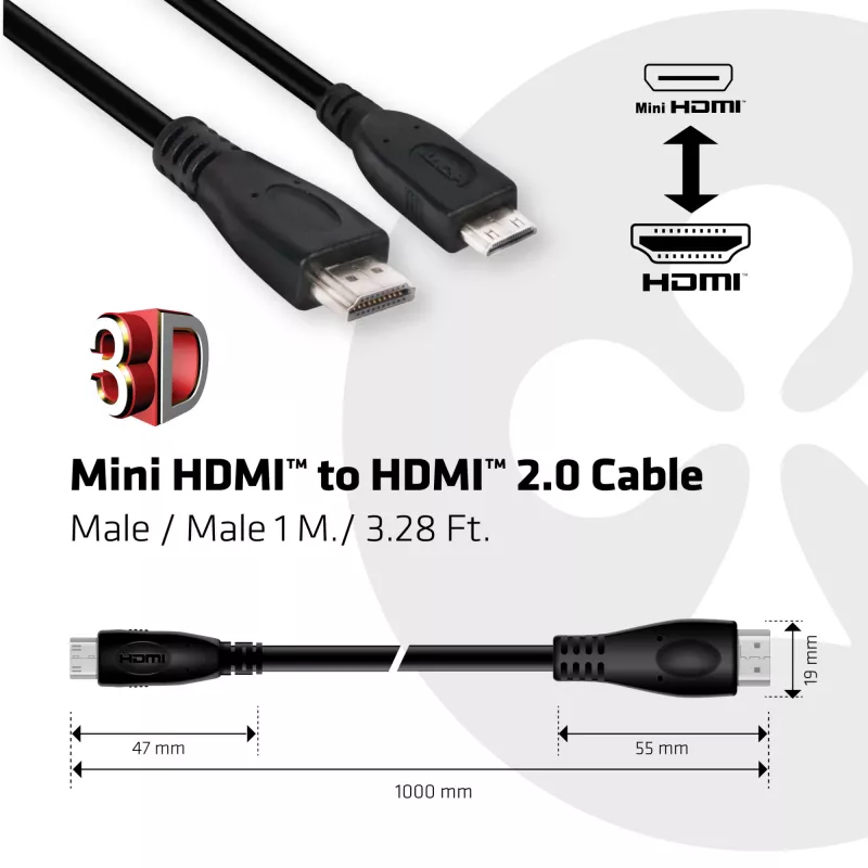 Club 3D CAC-1350 Mini HDMI - HDMI 2.0 -kaapeli, 4K60Hz, uros/uros, 1 m, musta