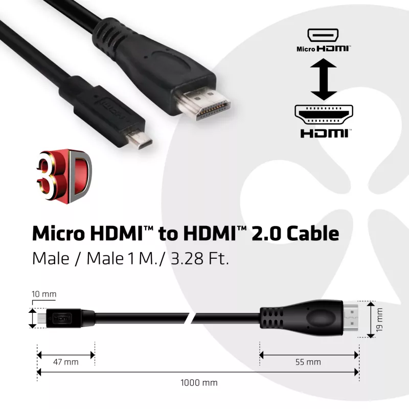 Club 3D CAC-1351 Micro HDMI - HDMI 2.0 -kaapeli, 4K60Hz, uros/uros, 1 m, musta