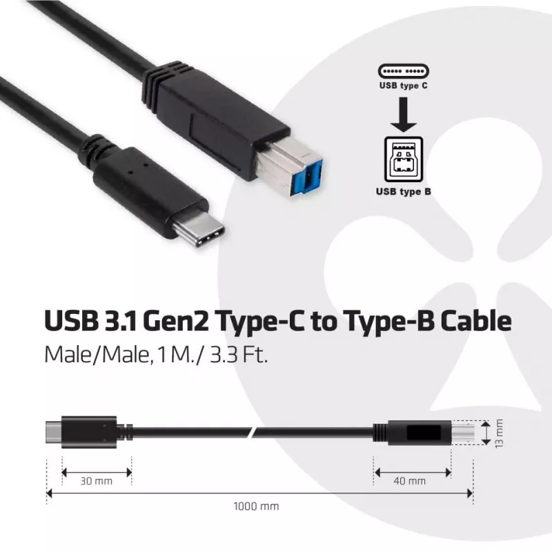 CLUB3D USB 3.1 Gen2 Type-C - Type-B -kaapeli uros/uros, 1 m / 3.3 ft