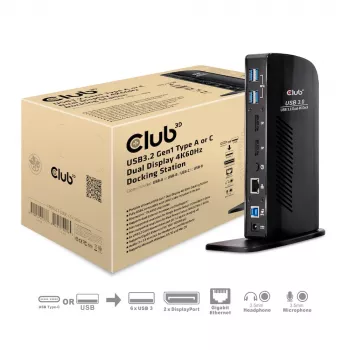 CLUB3D USB3.2 Gen1 Type-A tai C Dual Display 4K60Hz -telakointiasema DisplayLink®-sertifioitu