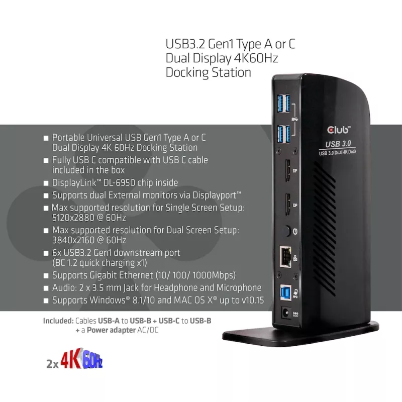 CLUB3D USB3.2 Gen1 Type-A tai C Dual Display 4K60Hz -telakointiasema DisplayLink®-sertifioitu