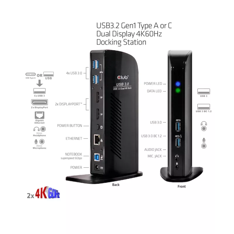 CLUB3D USB3.2 Gen1 Type-A tai C Dual Display 4K60Hz -telakointiasema DisplayLink®-sertifioitu