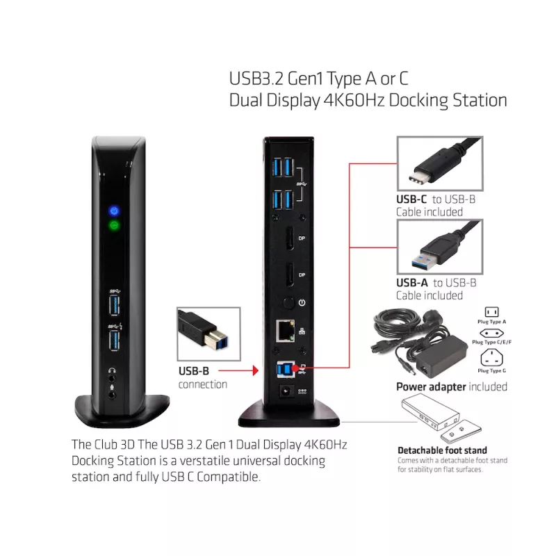 CLUB3D USB3.2 Gen1 Type-A tai C Dual Display 4K60Hz -telakointiasema DisplayLink®-sertifioitu